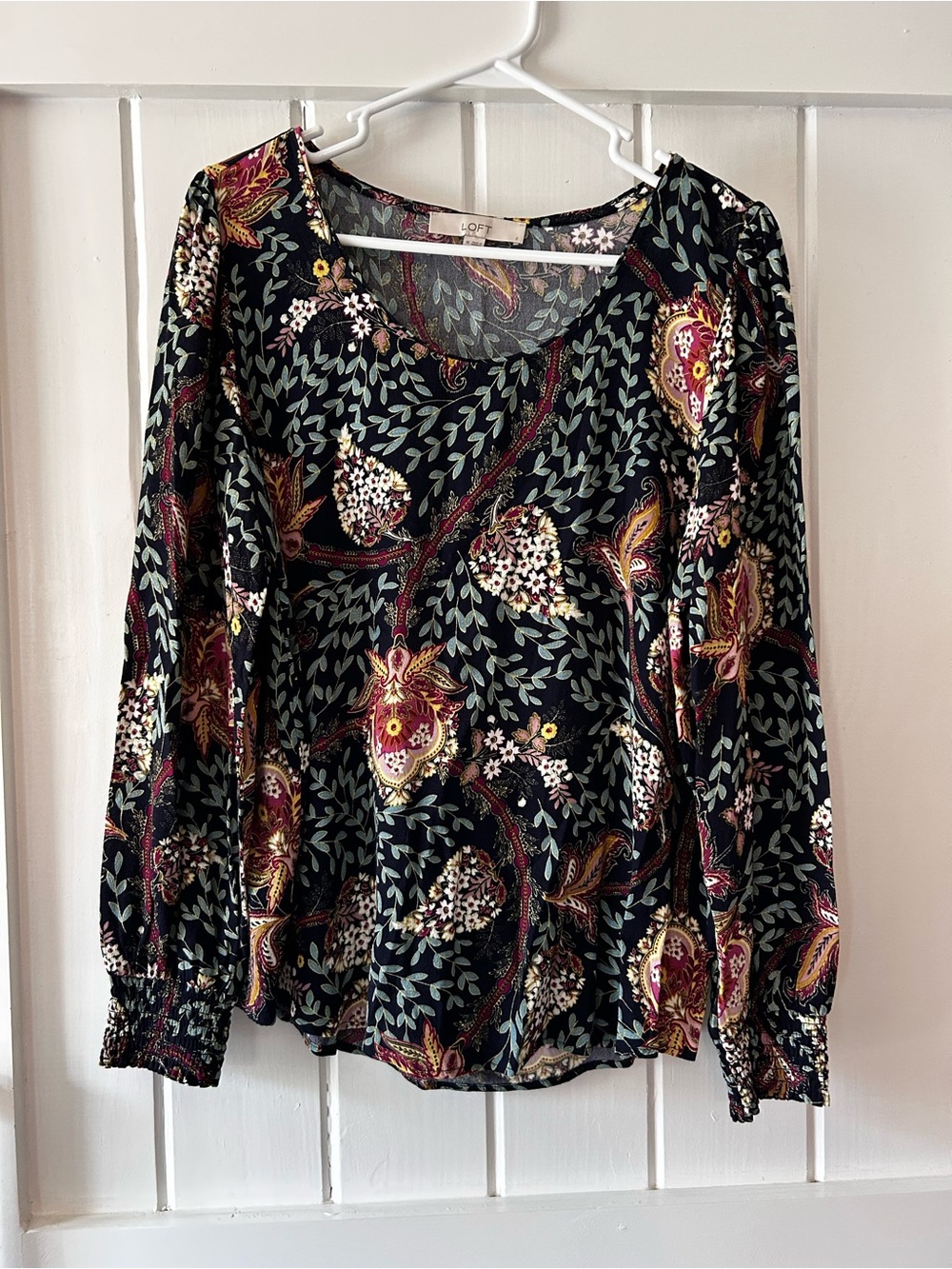 LOFT | Black Floral Paisley Long-Sleeve Blouse